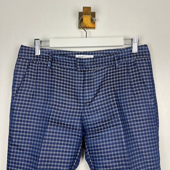 See by Chloe Blue Brocade Straight Leg Pants Pockets Career Sz US 6 - Picture 8 of 8